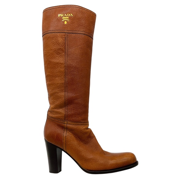 PRADA LIGHT BROWN / GOLD LOGO PLAQUE DISTRESSED LEATHER HIGH BOOTS - Picture 2 of 9